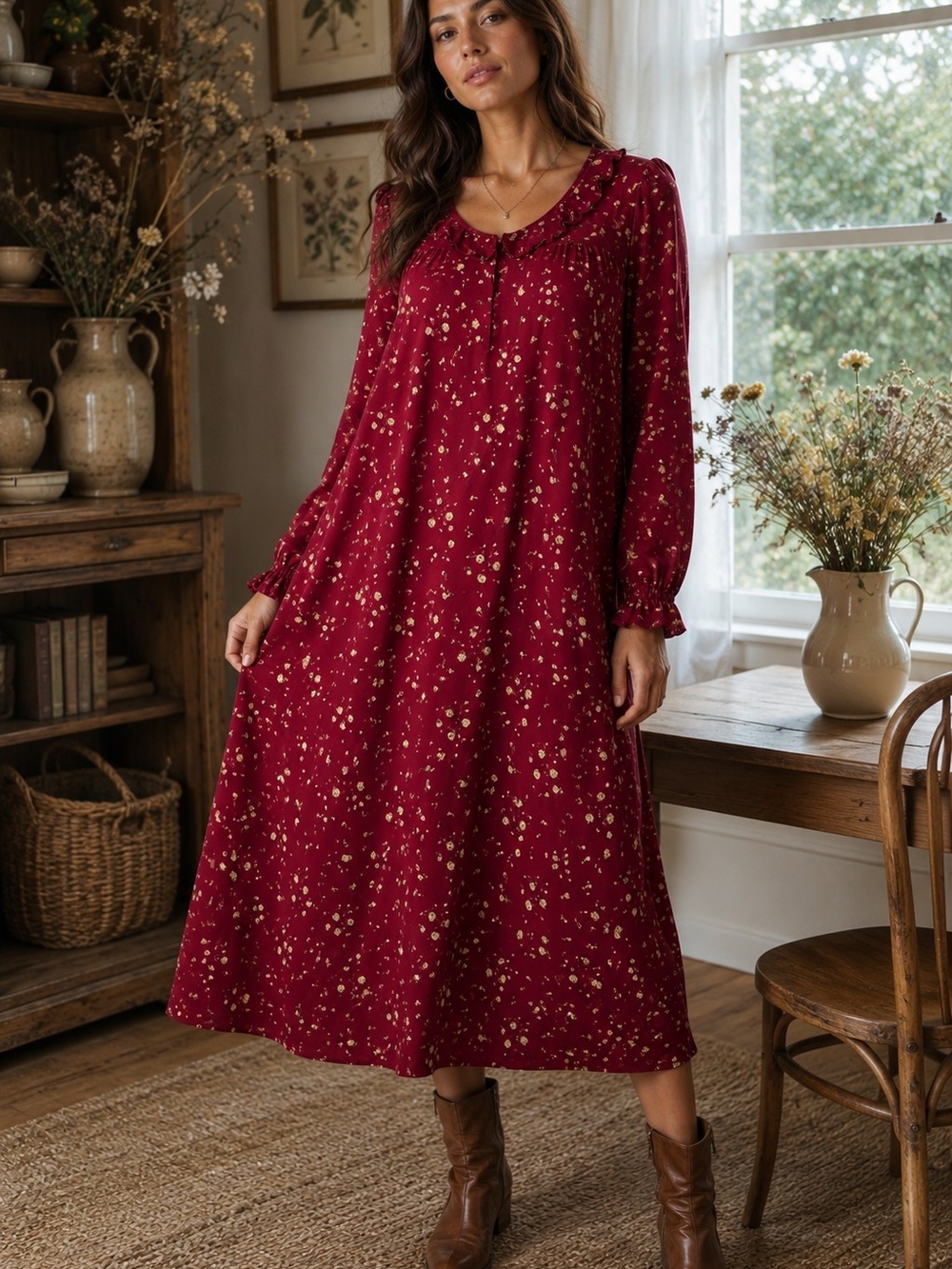 Laura Ashley Red Floral Ruffle Trim Maxi Dress